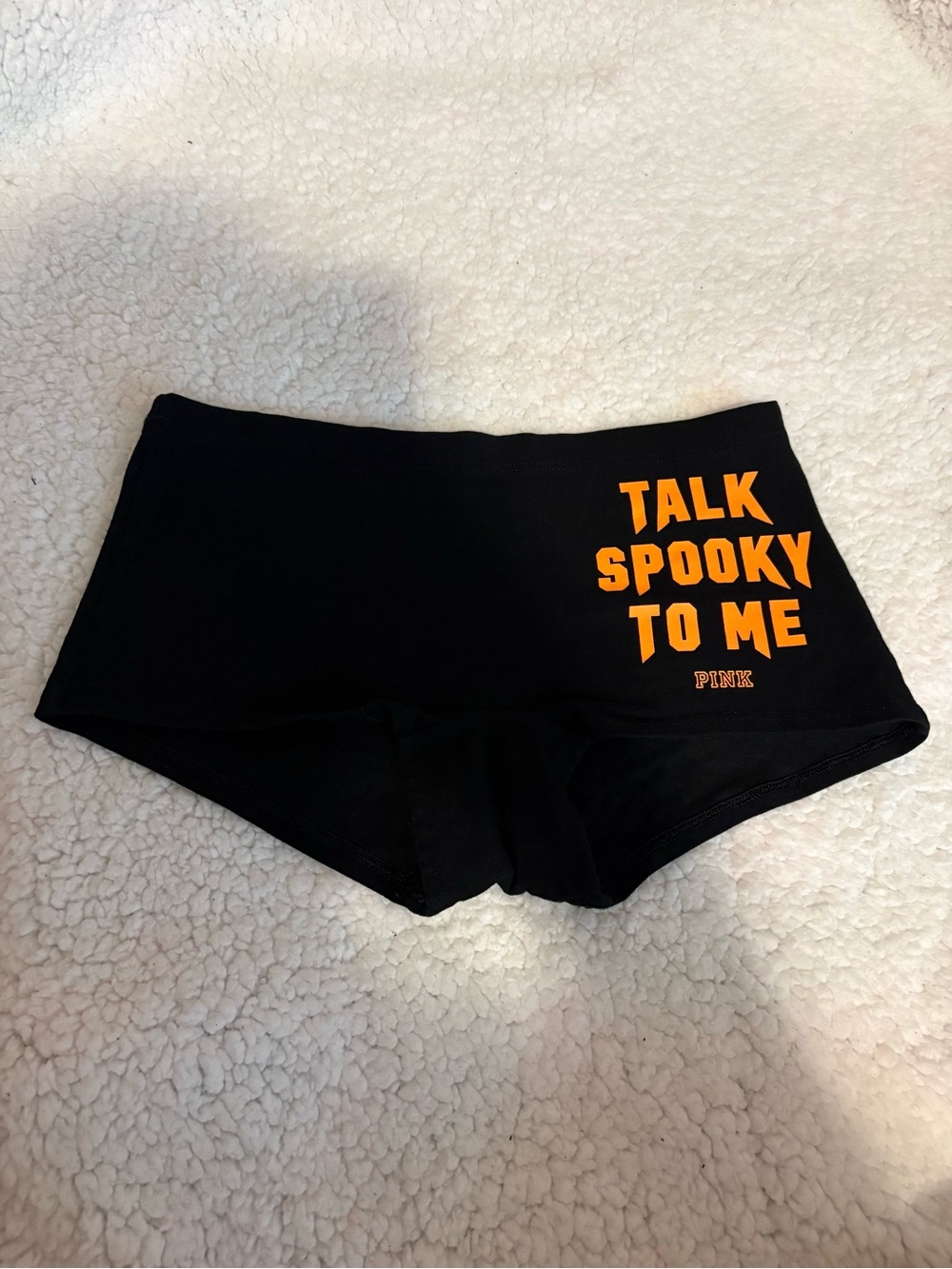 PINK Victoria's Secret Black Boyshorts with Orange 'Talk Spooky To Me' Graphic